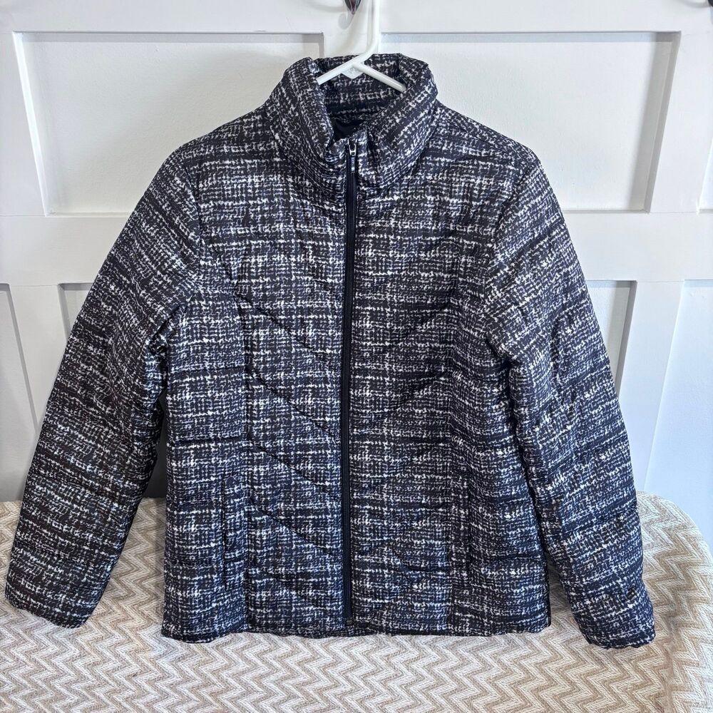 Lands’ End Women’s Down Puffer Jacket Black Graphic